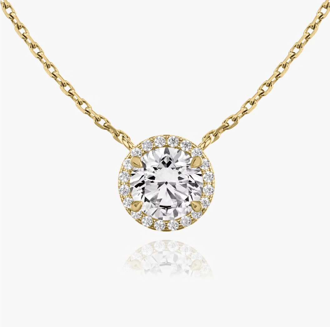 Shine Moment Halo Solitaire Necklace Round Brilliant 14k Yellow Gold
