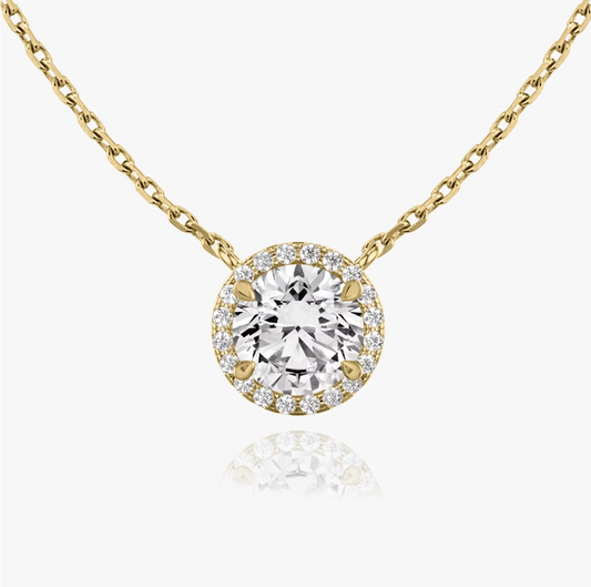 Shine Moment Halo Solitaire Necklace Round Brilliant 14k Yellow Gold