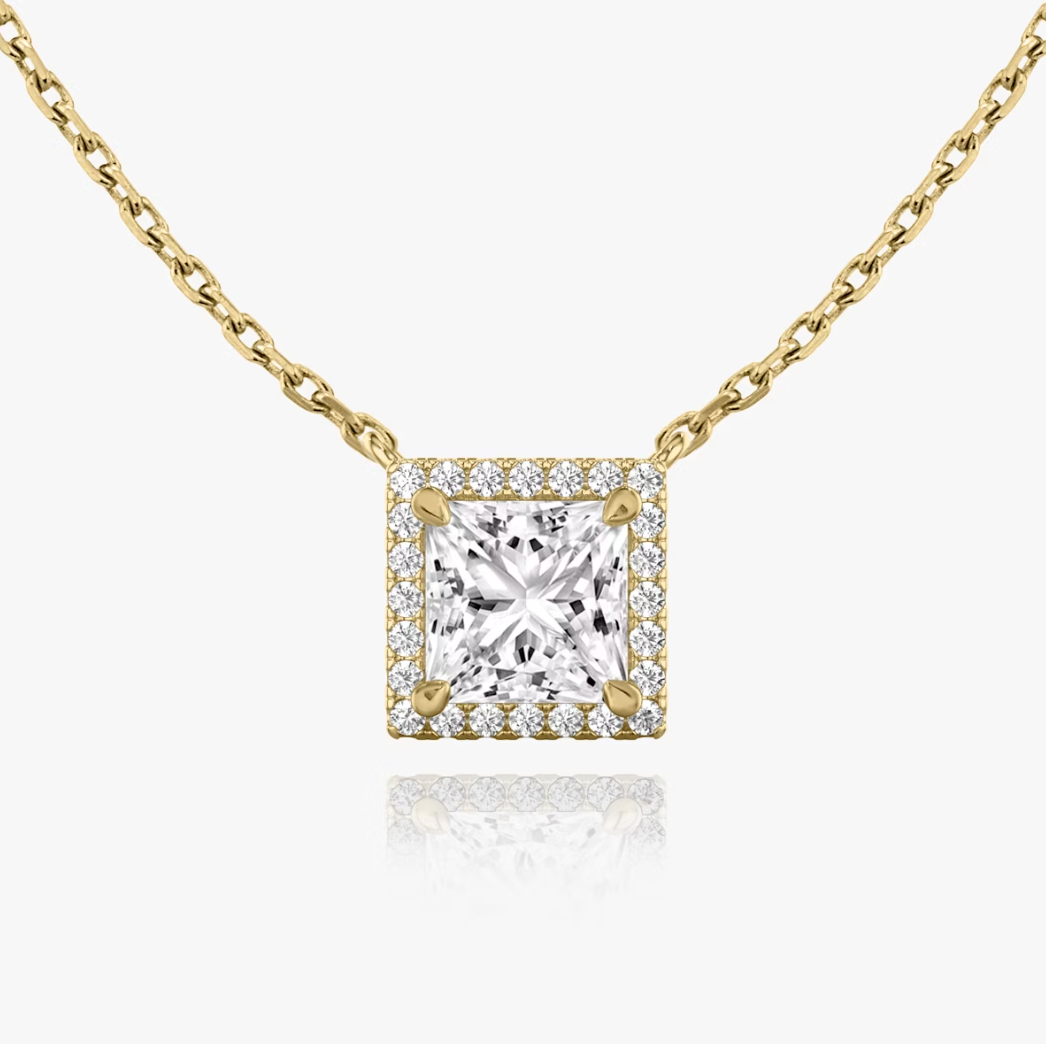 Shine Moment Halo Solitaire Necklace Princess 14k Yellow Gold