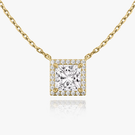 Shine Moment Halo Solitaire Necklace Princess 14k Yellow Gold