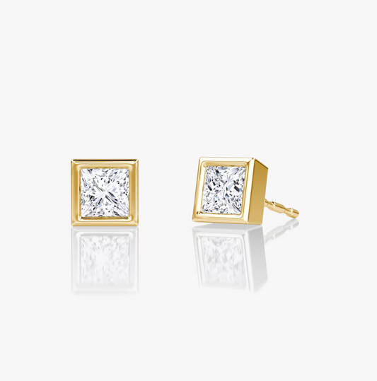 Shine Moment Bezel Solitaire Stud Princess 14k Yellow Gold