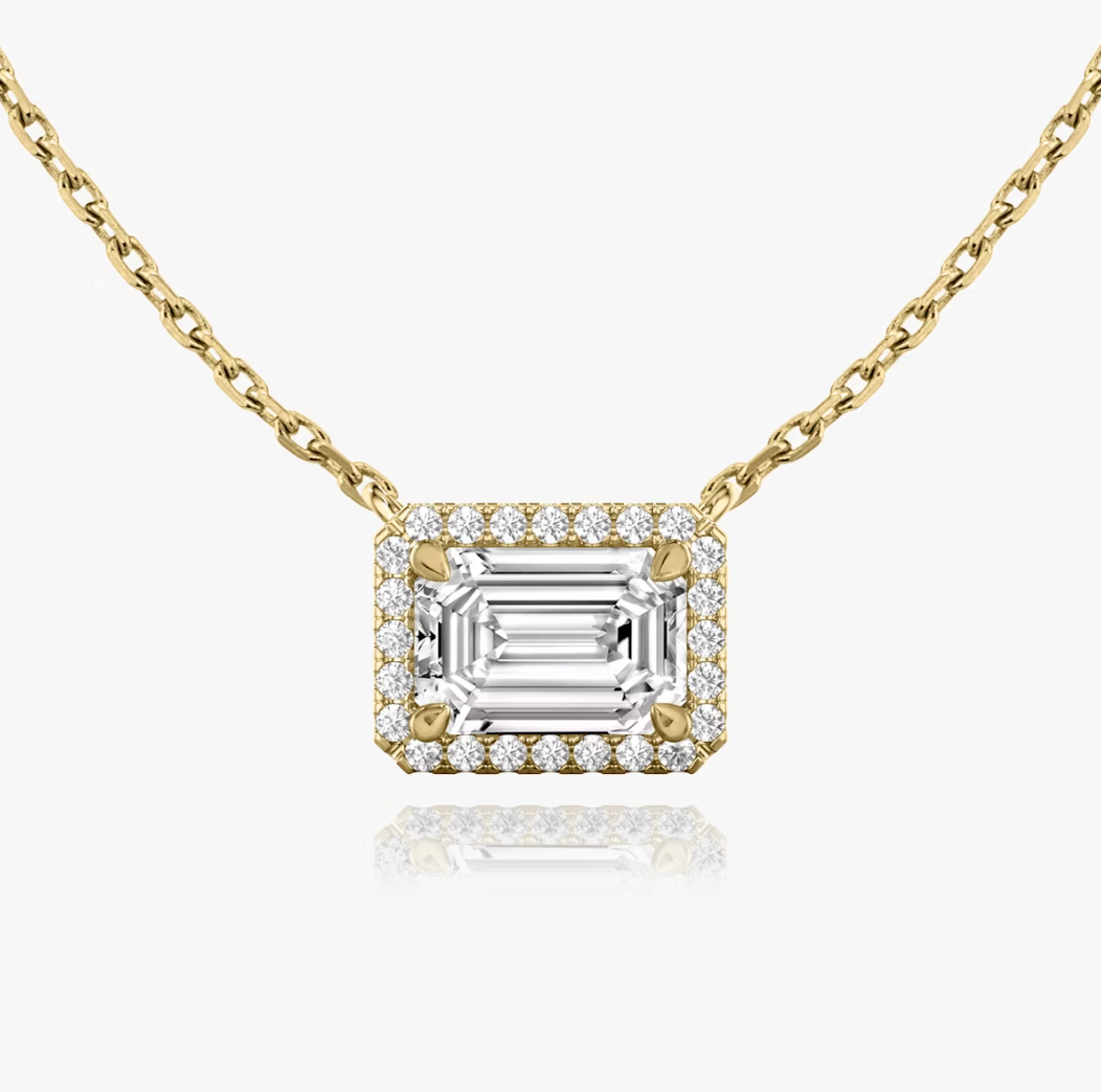 Shine Moment Halo Solitaire Necklace Emerald 14k Yellow Gold