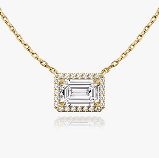 Shine Moment Halo Solitaire Necklace Emerald 14k Yellow Gold