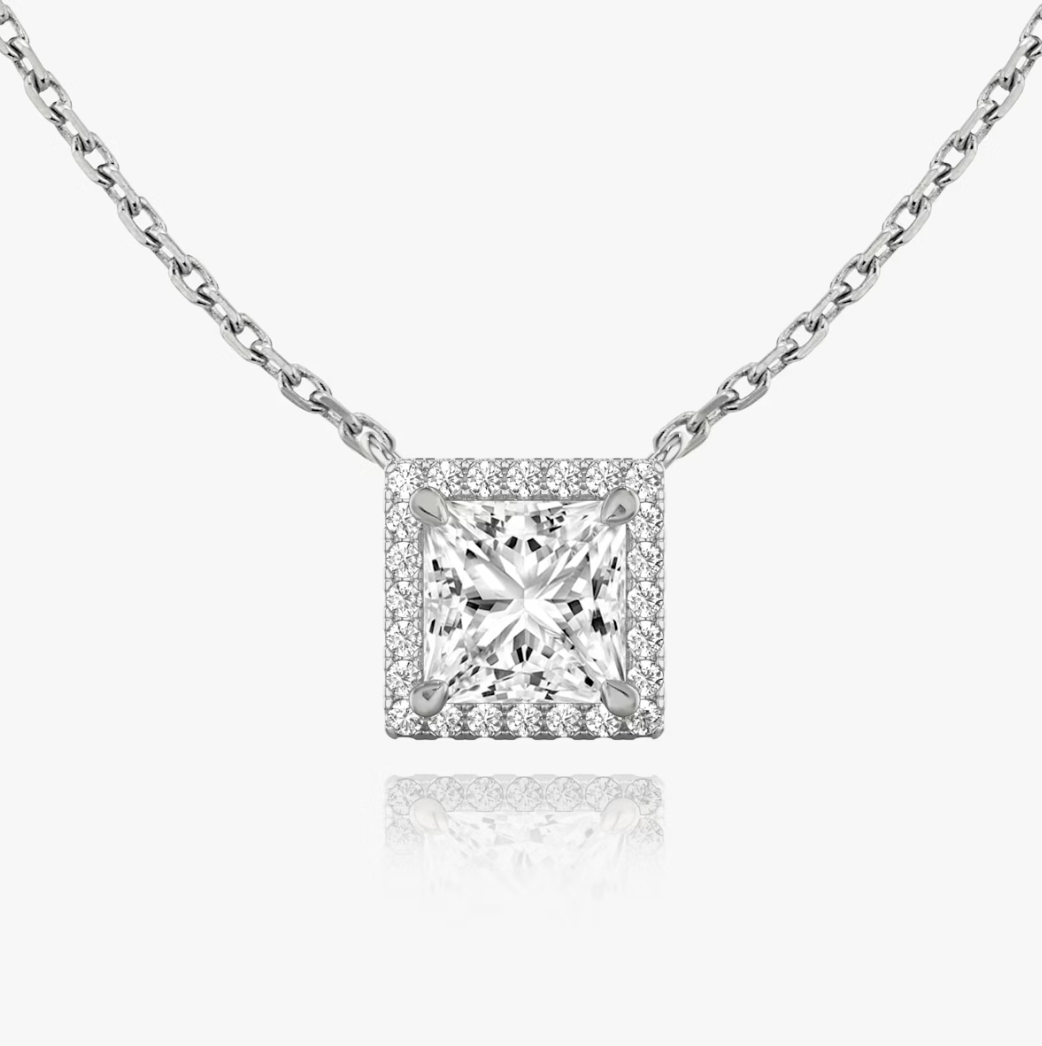 Shine Moment Halo Solitaire Necklace Princess 14k White Gold