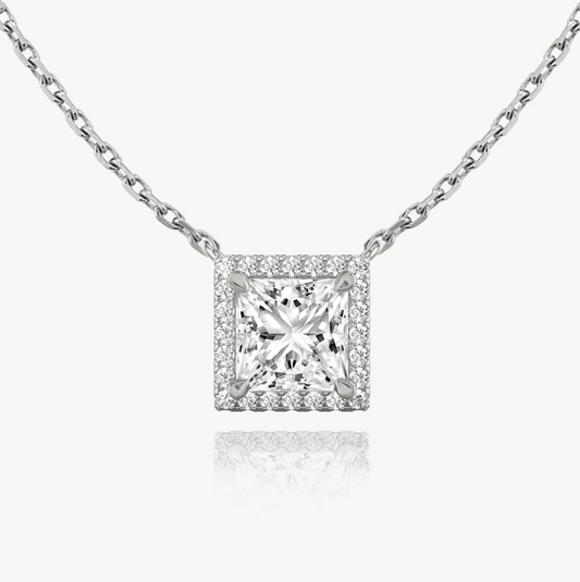 Shine Moment Halo Solitaire Necklace Princess 14k White Gold