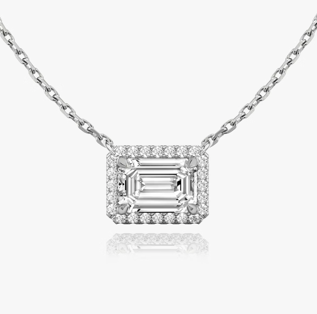 Shine Moment Halo Solitaire Necklace Emerald 14k White Gold