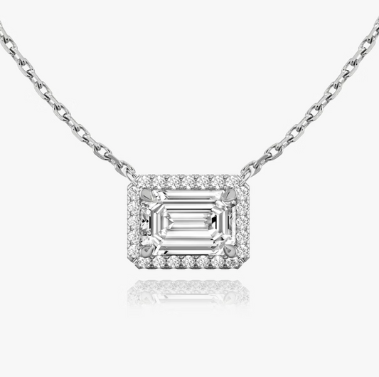Shine Moment Halo Solitaire Necklace Emerald 14k White Gold