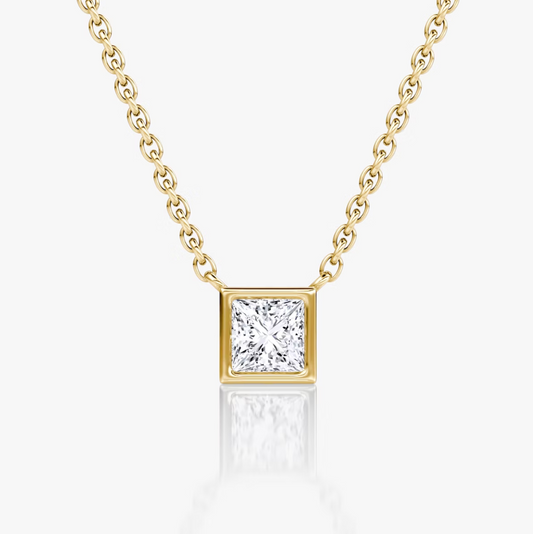 Shine Moment Bezel Solitaire Necklace Princess 14k Yellow Gold