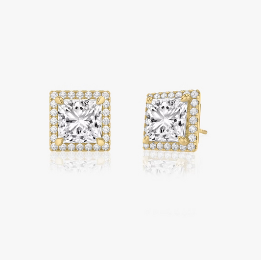 Shine Moment Halo Solitaire Stud Princess 14k Yellow Gold
