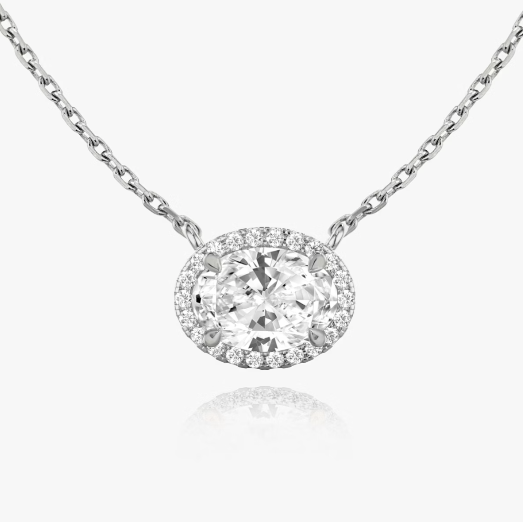 Shine Moment Halo Solitaire Necklace Oval 14k White Gold