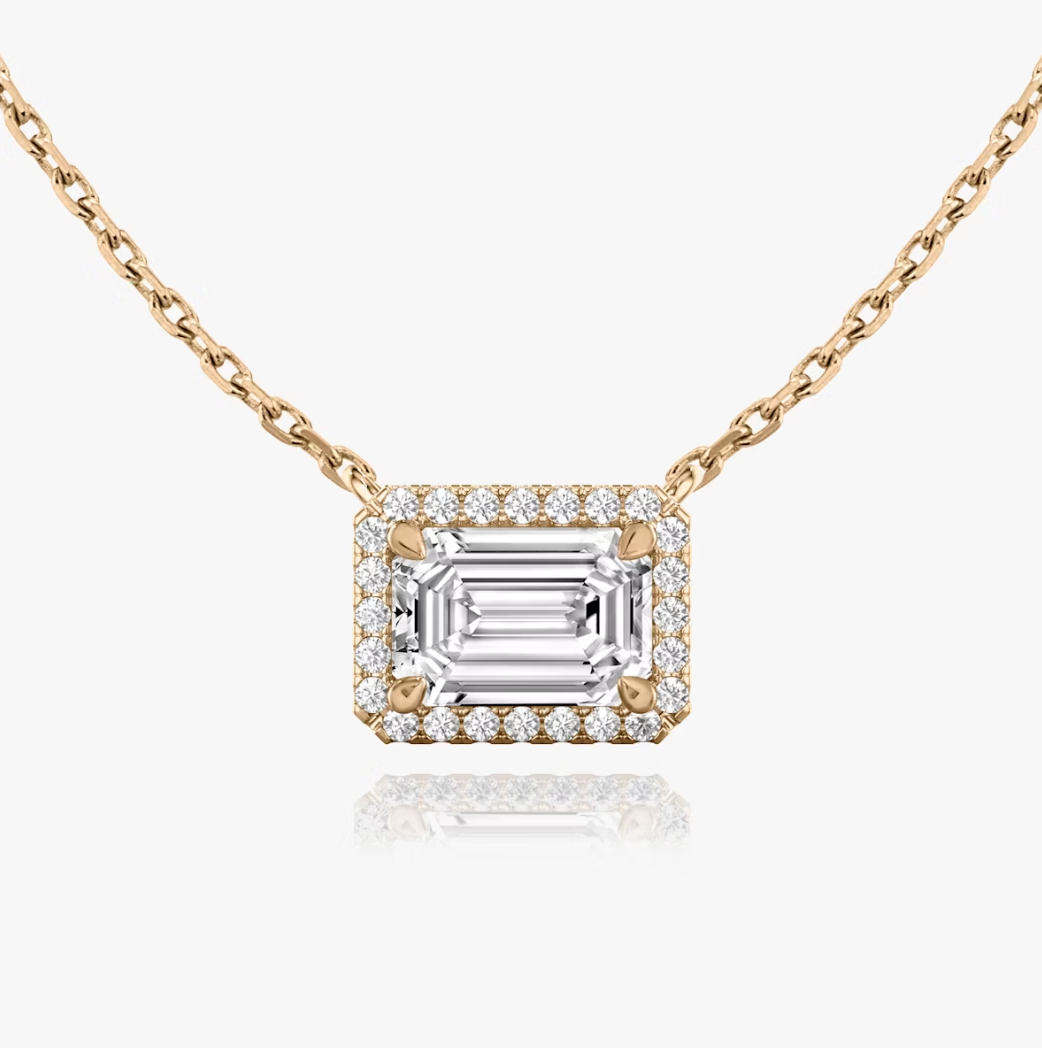Shine Moment Halo Solitaire Necklace Emerald 14k Rose Gold