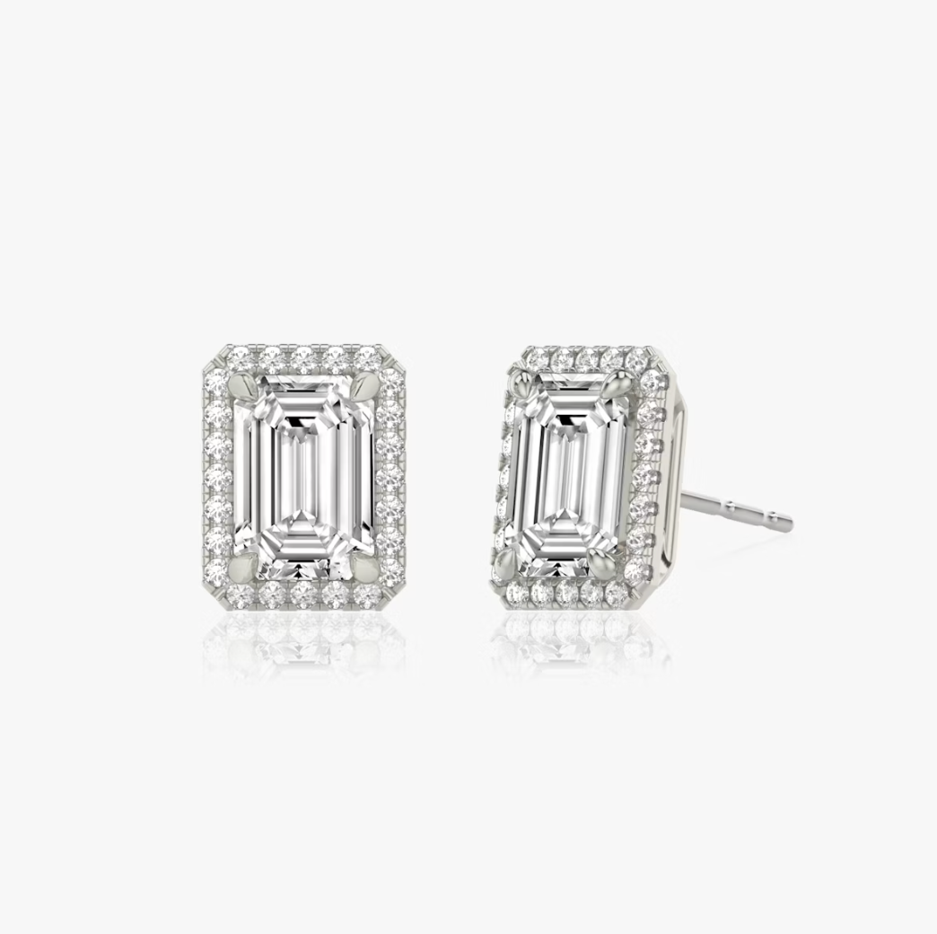 Shine Moment Halo Solitaire Stud Emerald 14k White Gold