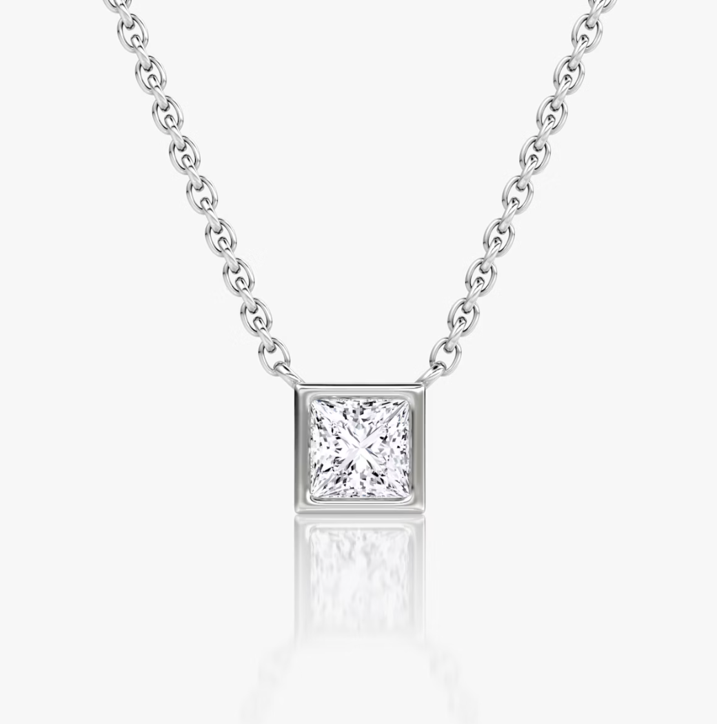 Shine Moment Bezel Solitaire Necklace Princess 14k White Gold