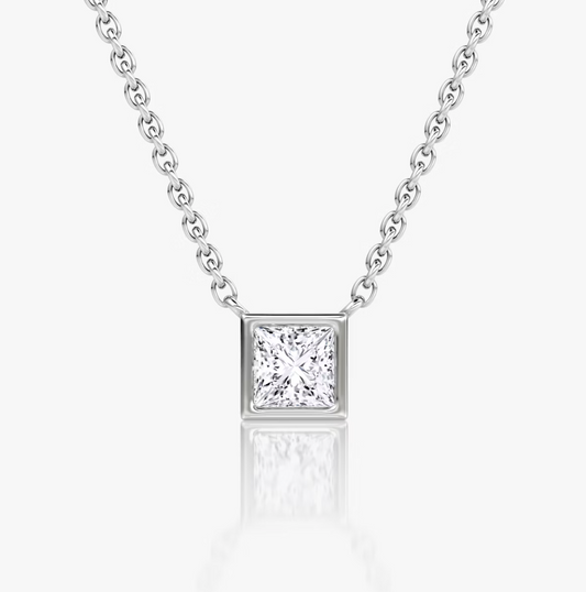 Shine Moment Bezel Solitaire Necklace Princess 14k White Gold